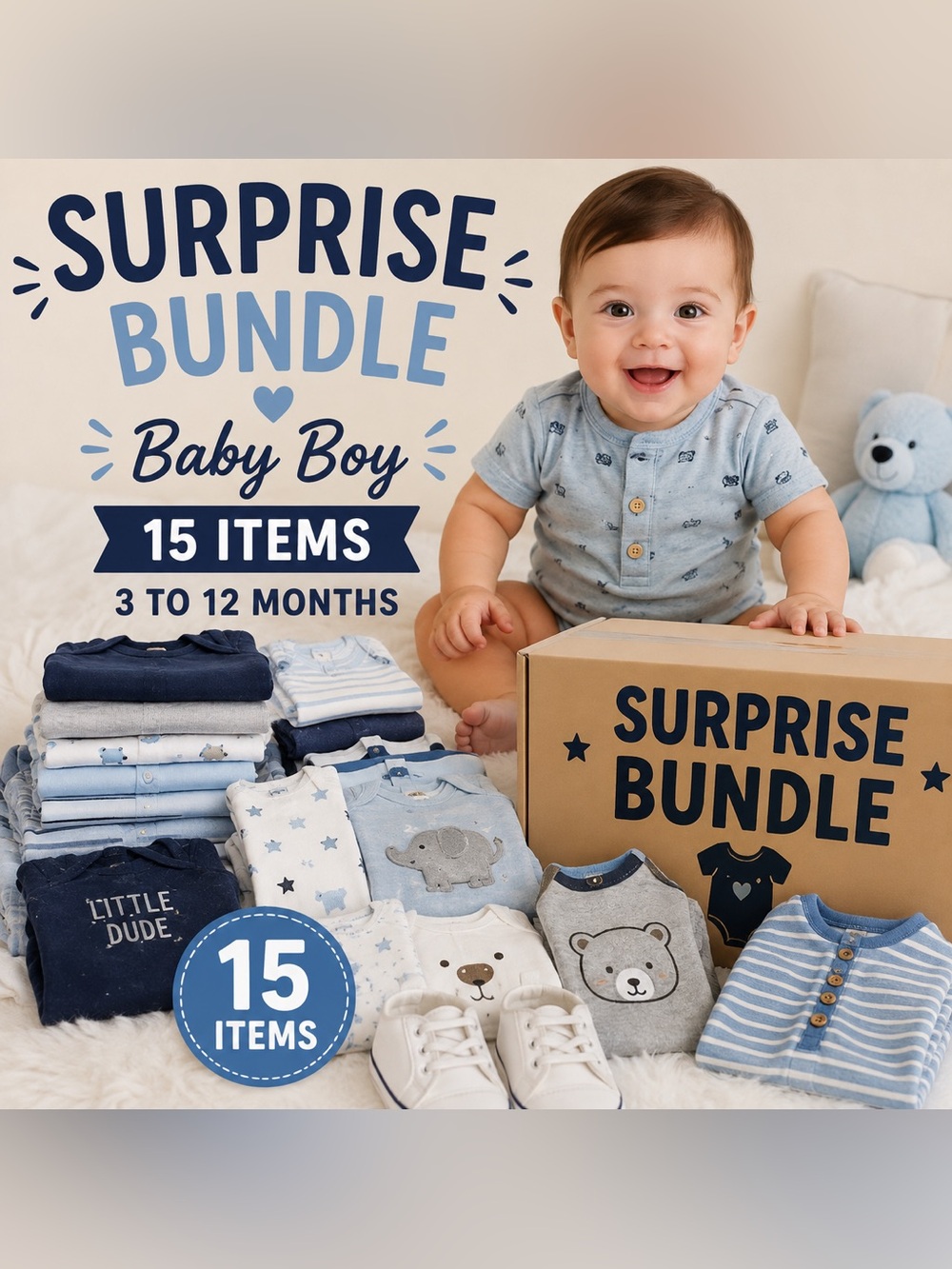Baby Boy Surprise Mystery Bundle | 15 Pieces | Clothing Lot | Sizes 3–12 Months